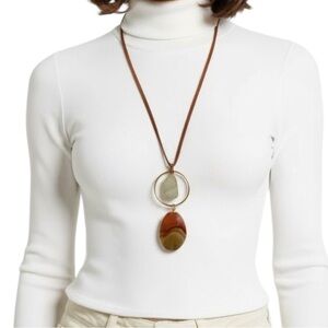 Serefina Long Pendant Statement Necklace Natural Stones and Gold-Tone Circle